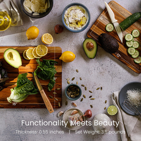 Teakhaus edge-grain surface delivers smooth slicing while protecting knives.