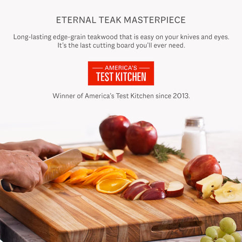 Edge-grain Teakhaus board highlights durable, knife-friendly cutting experience.