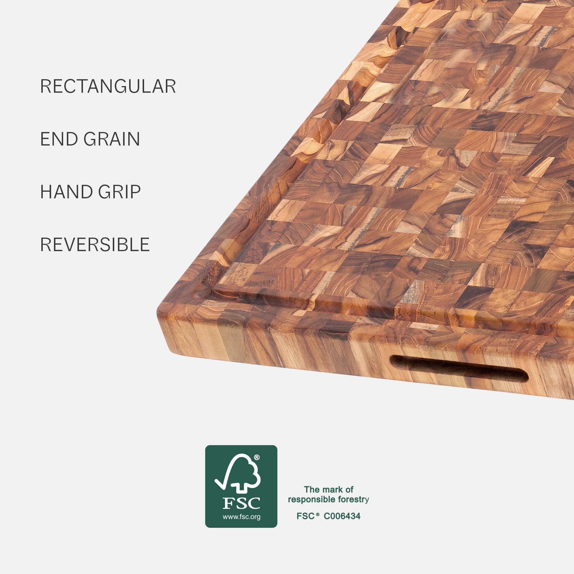 Teakhaus end grain teak wood close-up emphasizes durability and knife-friendly slicing.