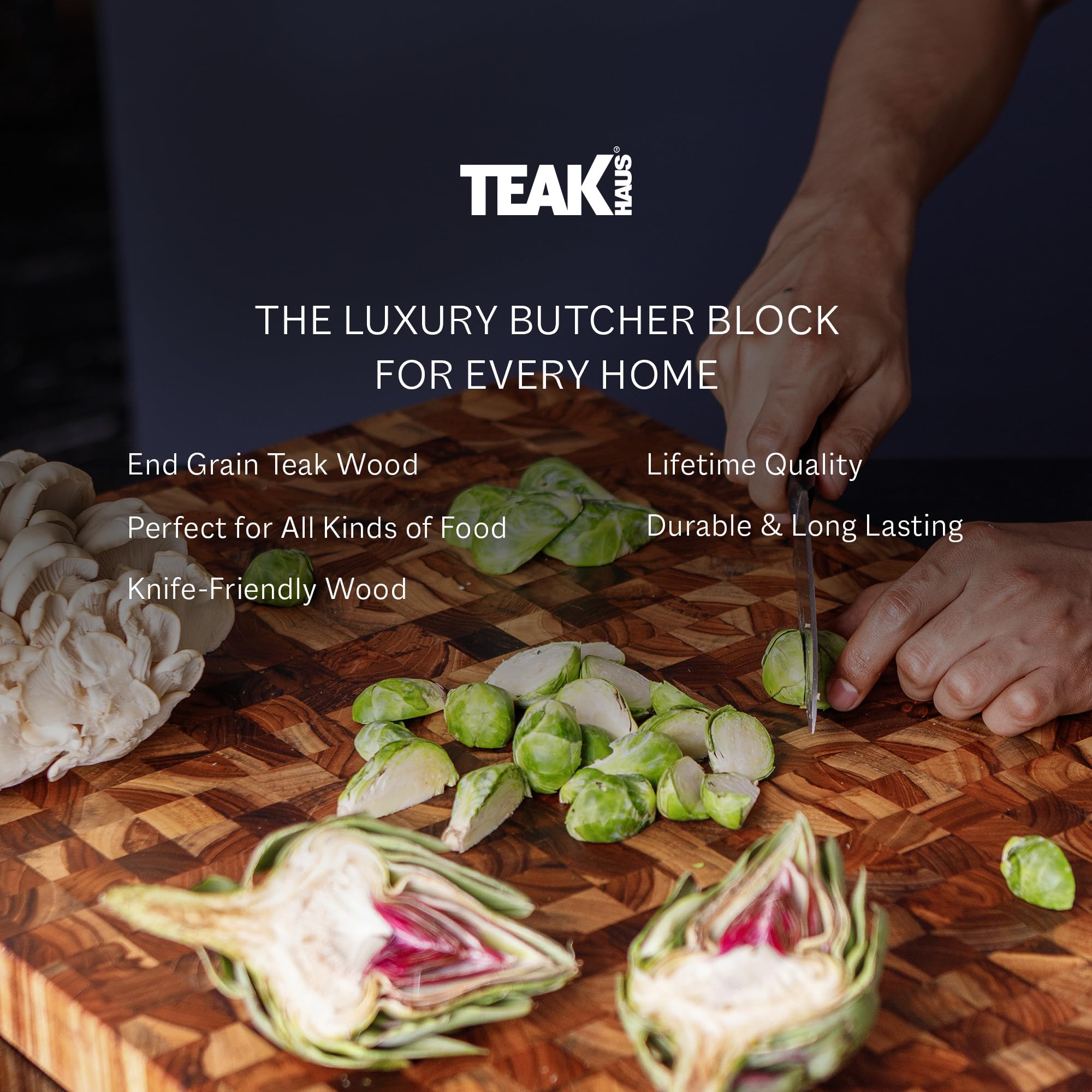 Teakhaus with juice groove to catch drips and keep counters clean.