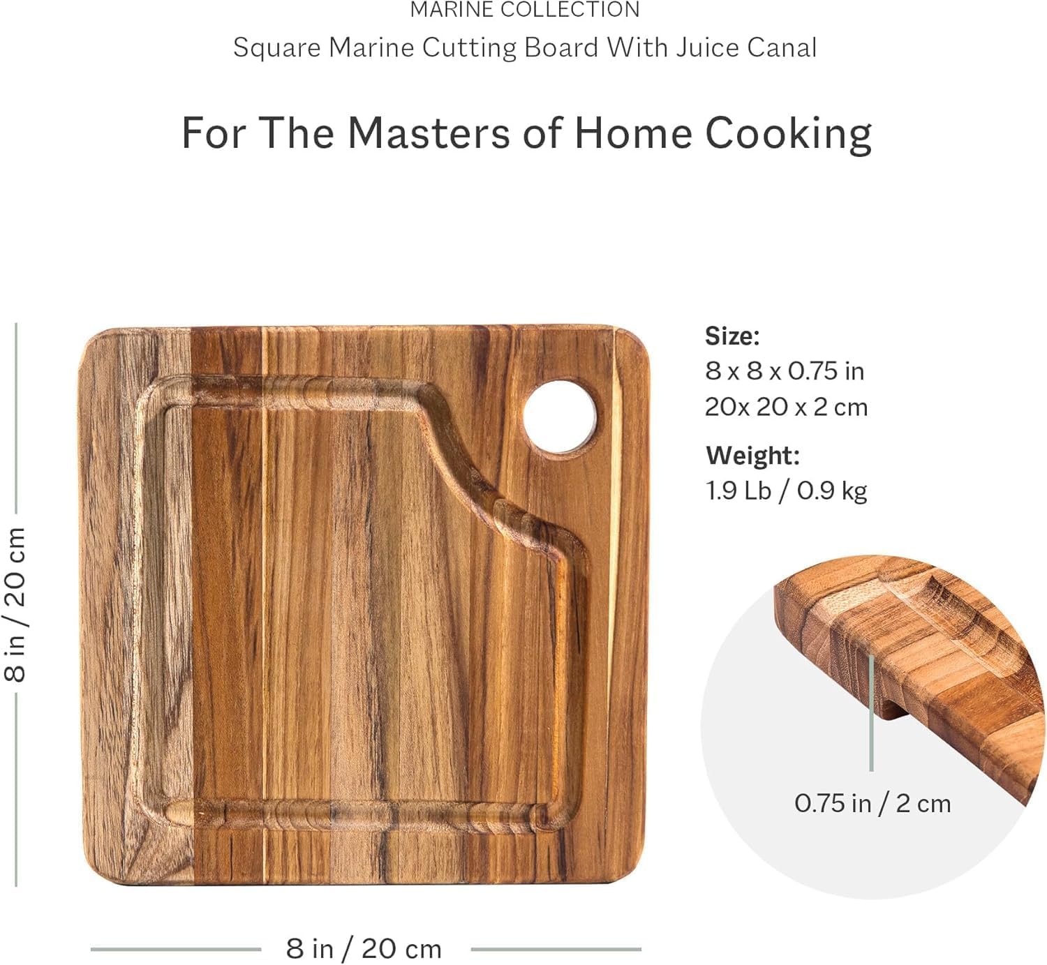 Teakhaus Marine Cutting Board knife action shows smooth surface for easy chopping.