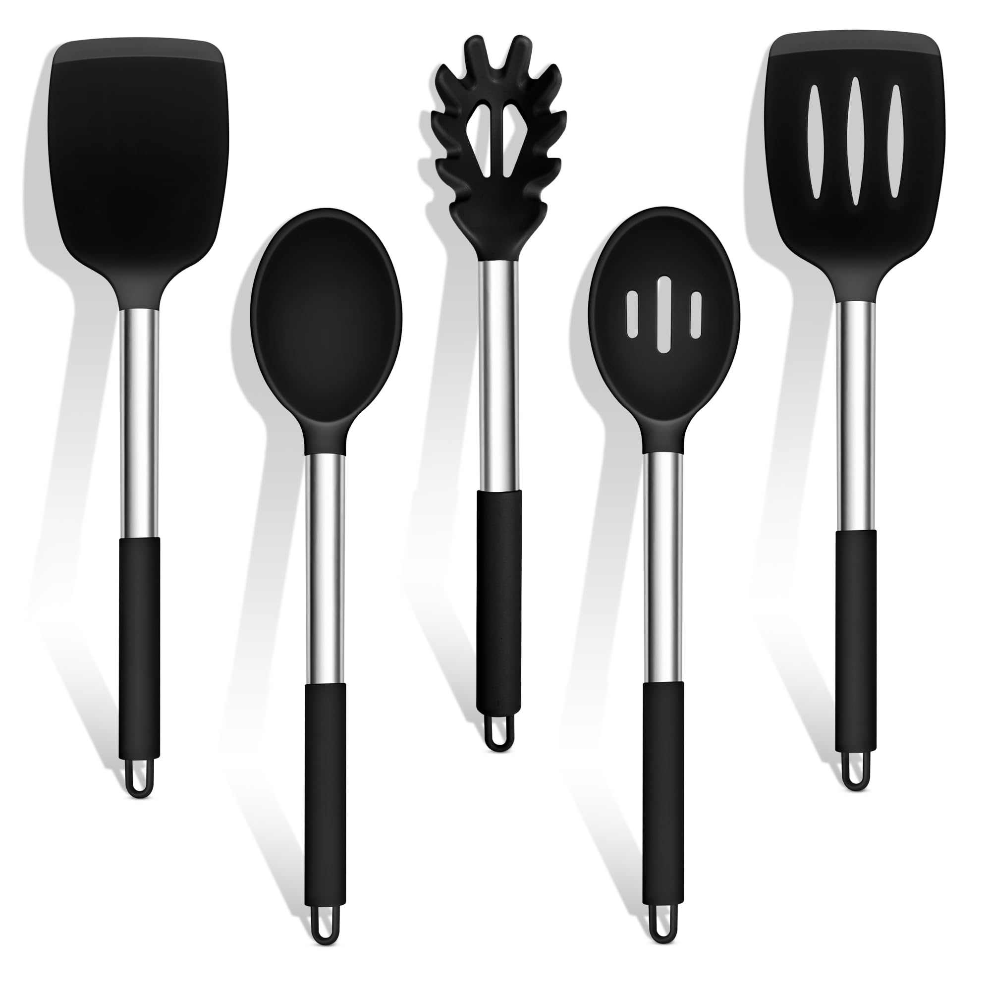 TeamFar 5-piece silicone utensils set with stainless steel handles ideal for everyday cooking.