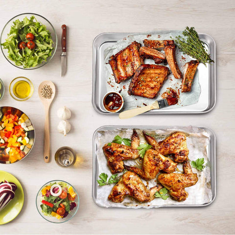 TeamFar deep-rim oven trays keep liquids contained, clean oven.