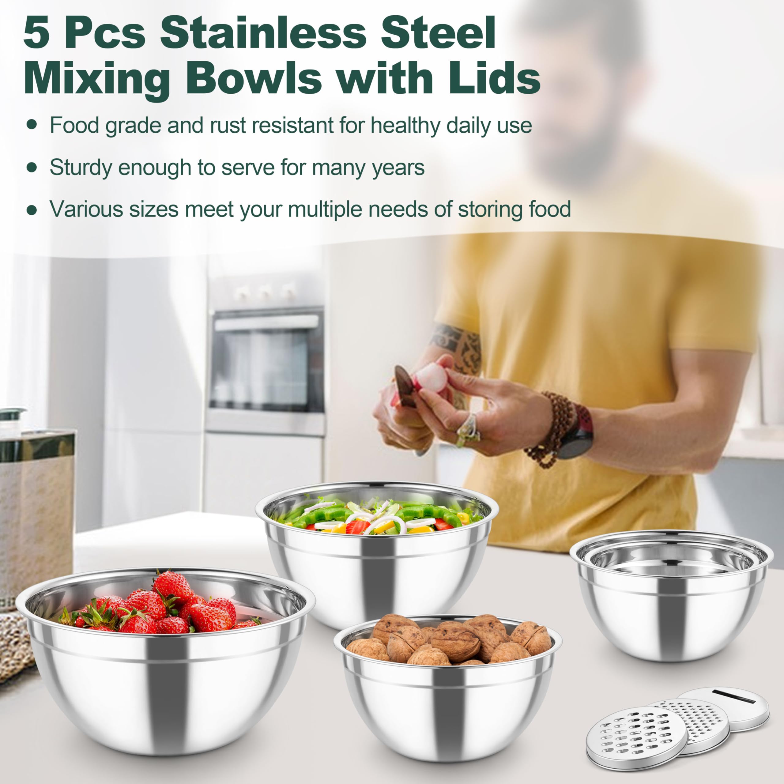 Five sizes from 0.7 to 4.6 qt provide versatile prep and storage options