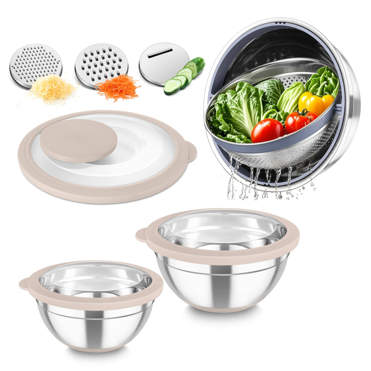 TeamFar mixing bowls with rotatable colander for effortless drainage.