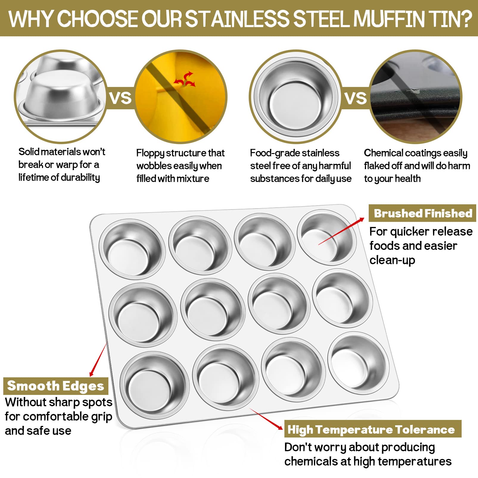 Close-up of TeamFar muffin pan cups with rolled rims for easy handling.