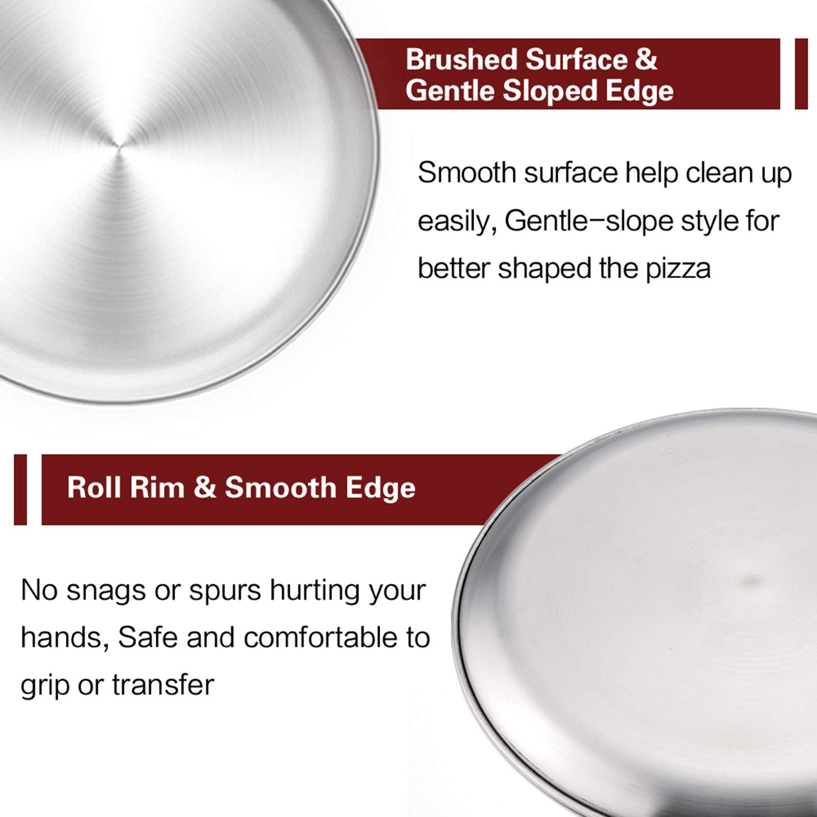 TeamFar pizza pan with roll edge provides comfortable grip during transfer.