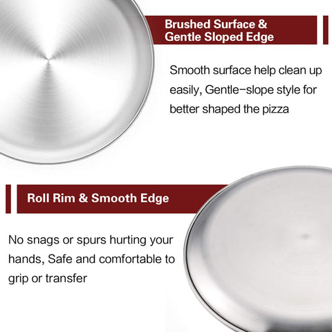 TeamFar pizza pan with roll edge provides comfortable grip during transfer.