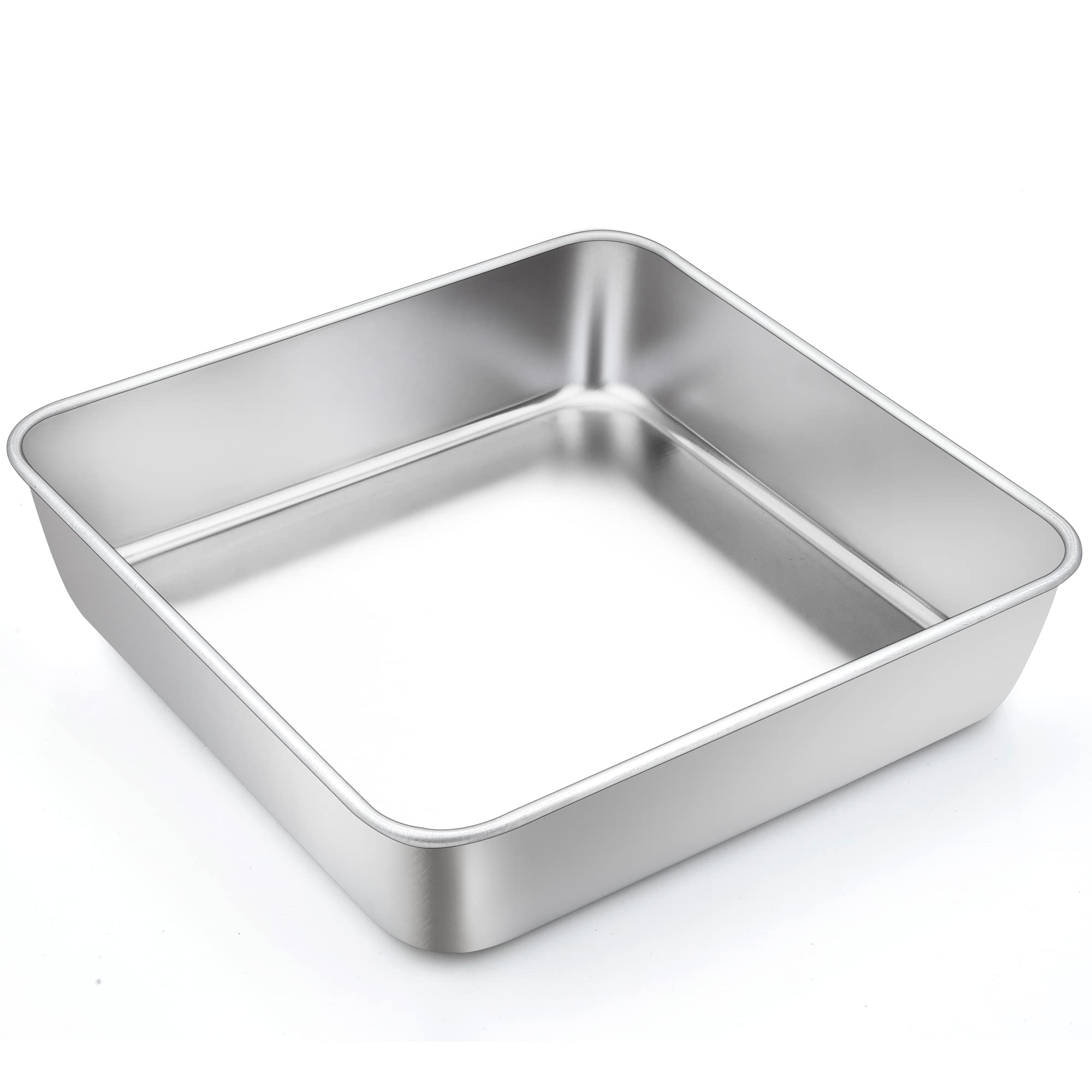 TeamFar square cake pan top view with brushed stainless steel finish for easy release.