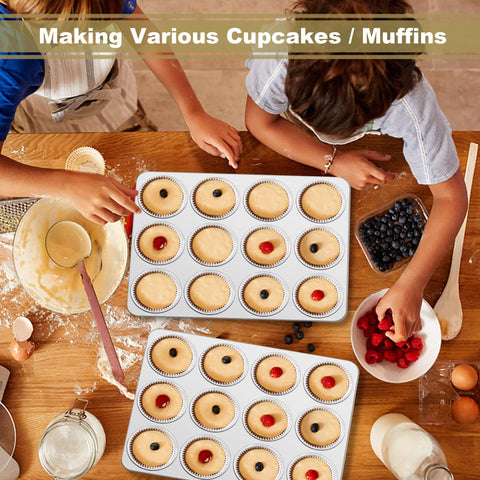 TeamFar stackable muffin pans stored neatly in a cabinet.