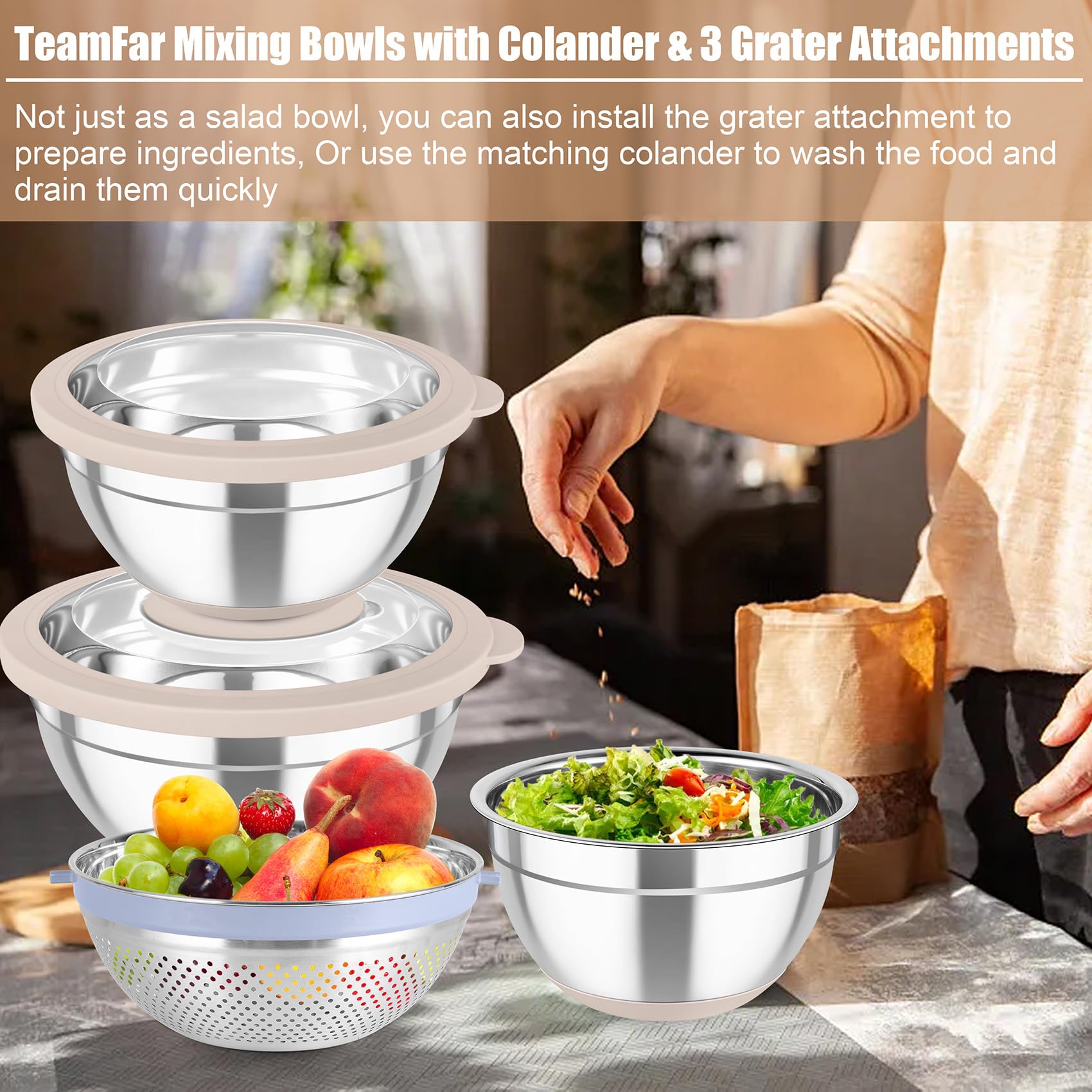 TeamFar stainless steel bowls resist rust and deformation for durability.