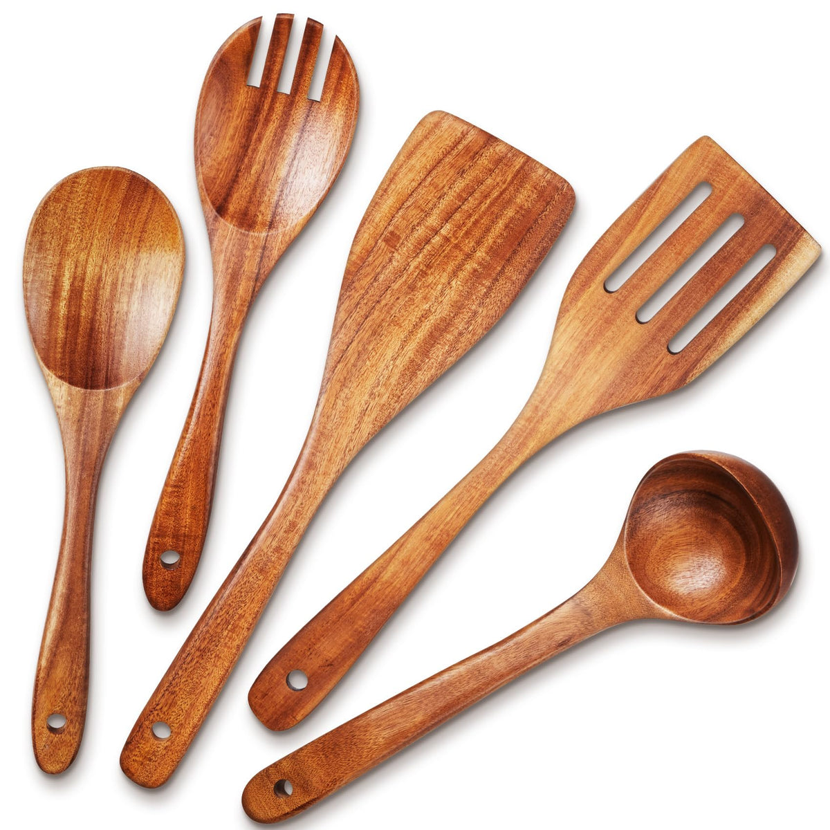 TeamFar teak utensils set with smooth finish designed to protect nonstick cookware.