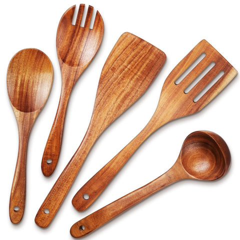 TeamFar teak utensils set with smooth finish designed to protect nonstick cookware.