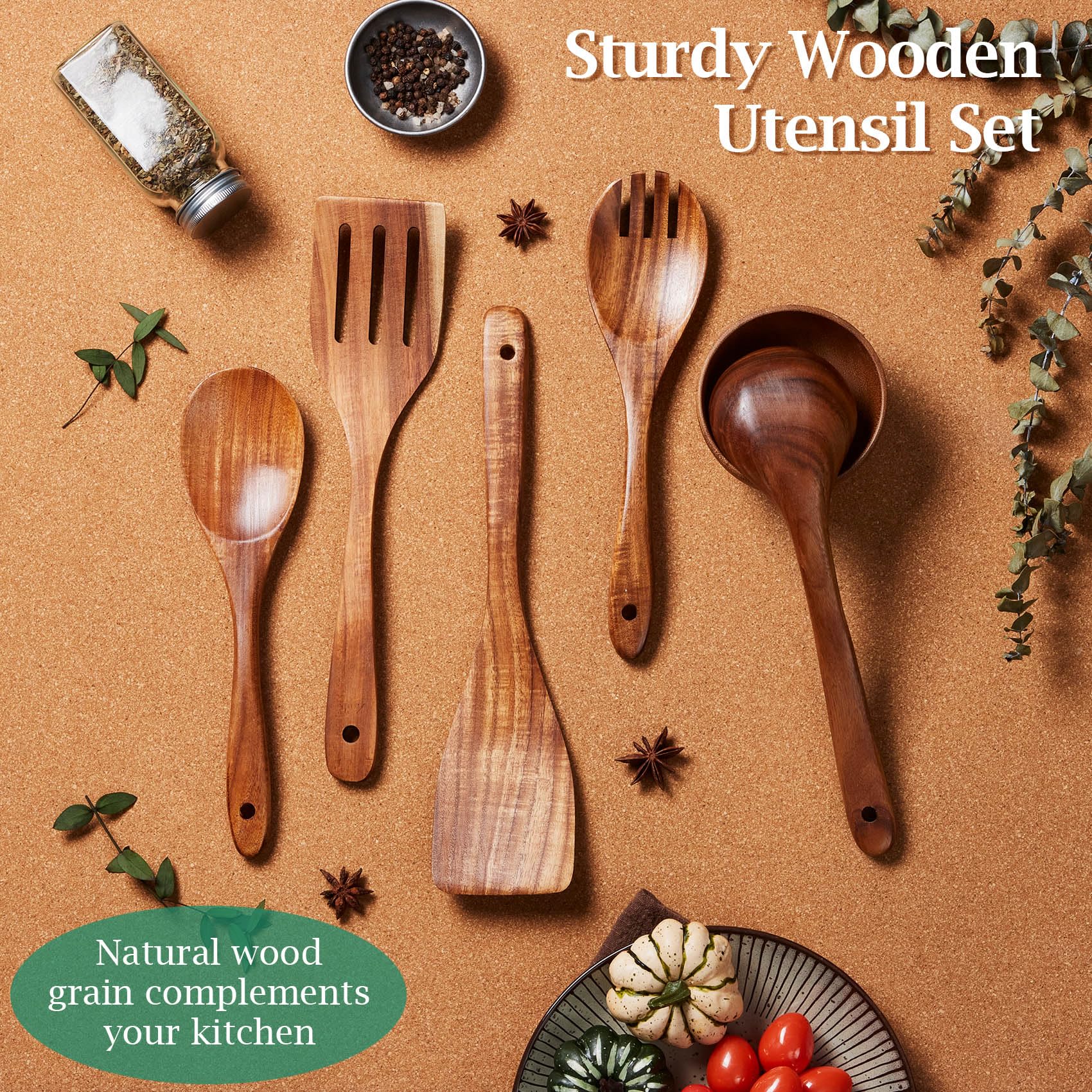 TeamFar teak wood salad fork sturdy for serving mixed ingredients.