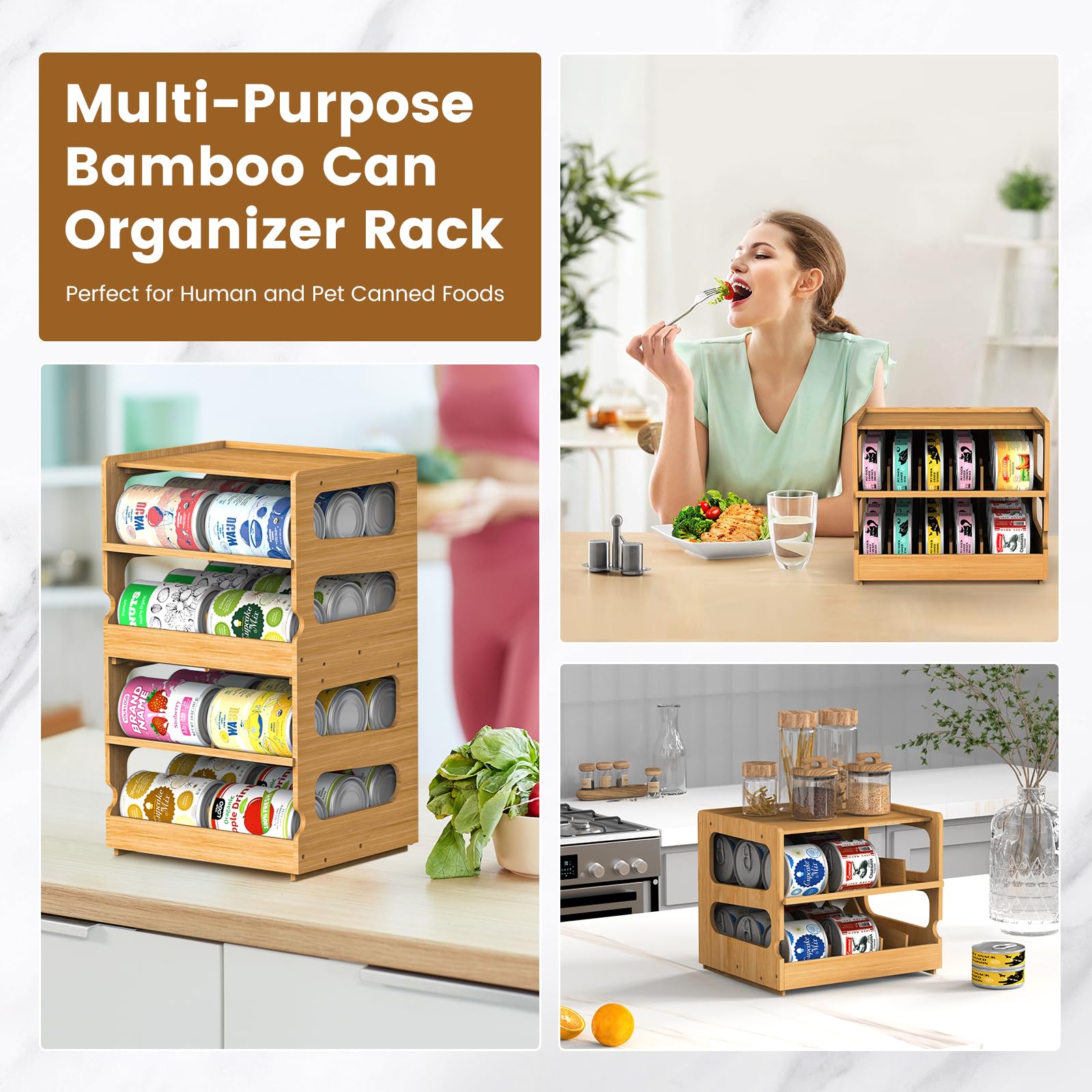 Teamkio pet food can storage bamboo rack keeps supplies tidy and accessible