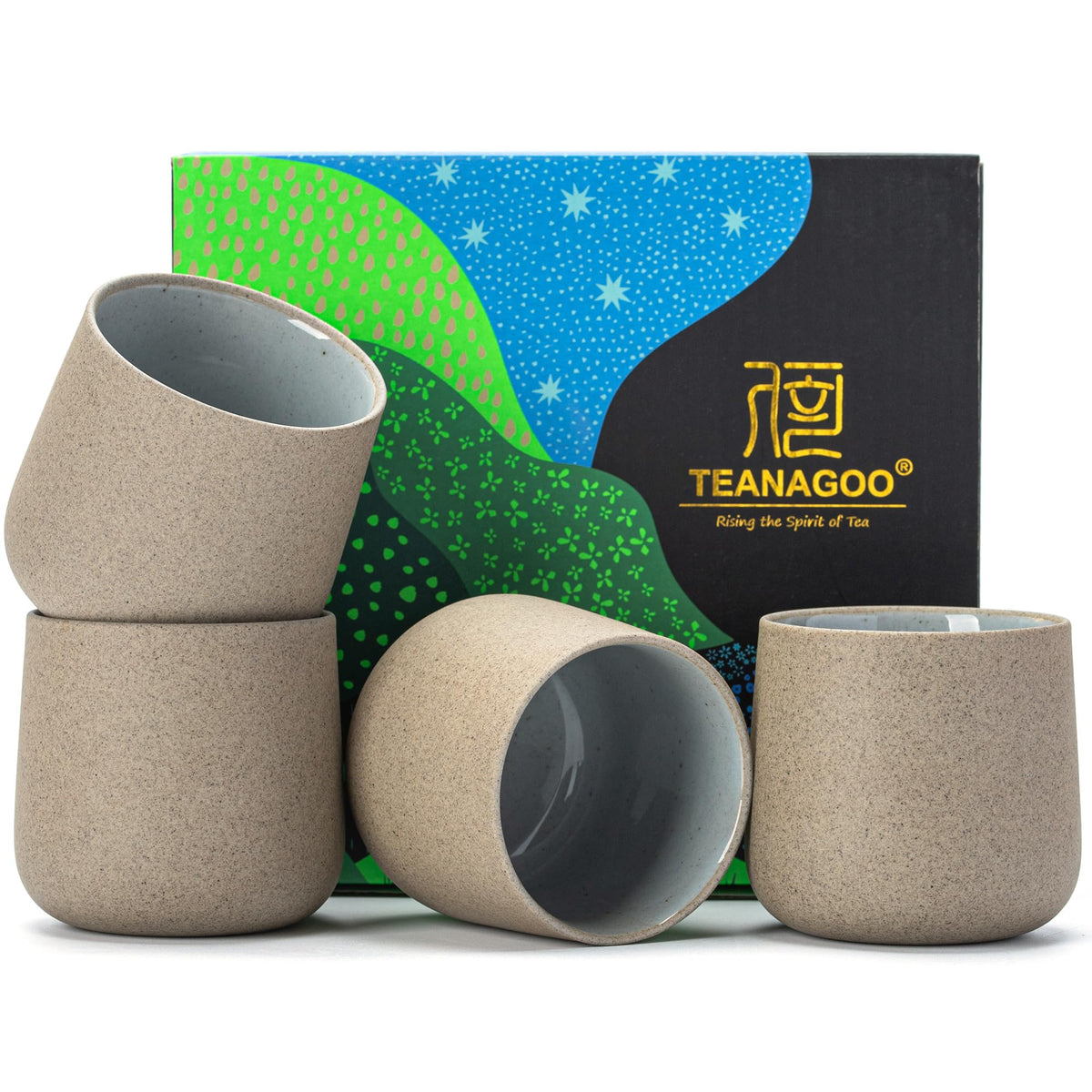 TEANAGOO Japanese tea cups in dark grey, four-piece box, ideal for family tea time.
