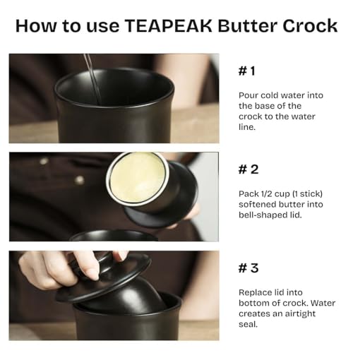 Teapeak butter crock holds up to 6.5 oz of butter for family use.