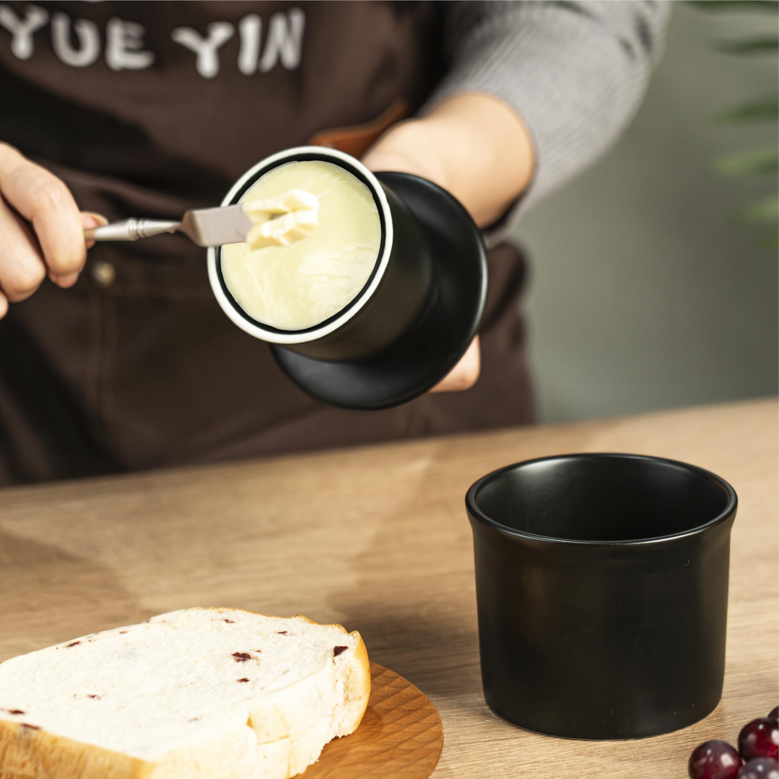 Teapeak butter crock ready for breakfast with toast and spread.