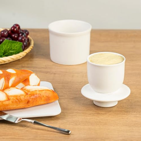 Teapeak butter crock lid with water line forms seal to preserve freshness