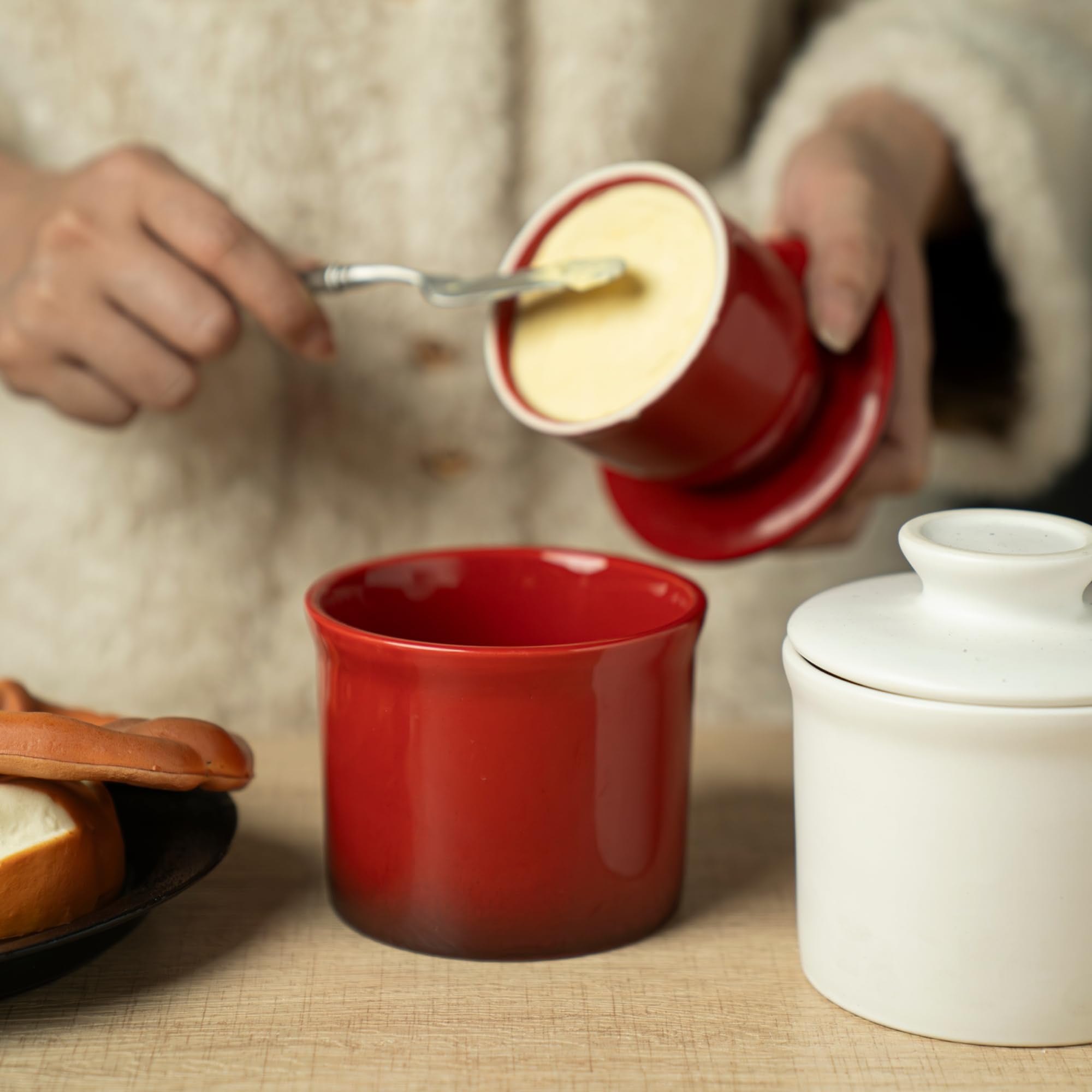 Teapeak butter crock open to show easy serving with lid