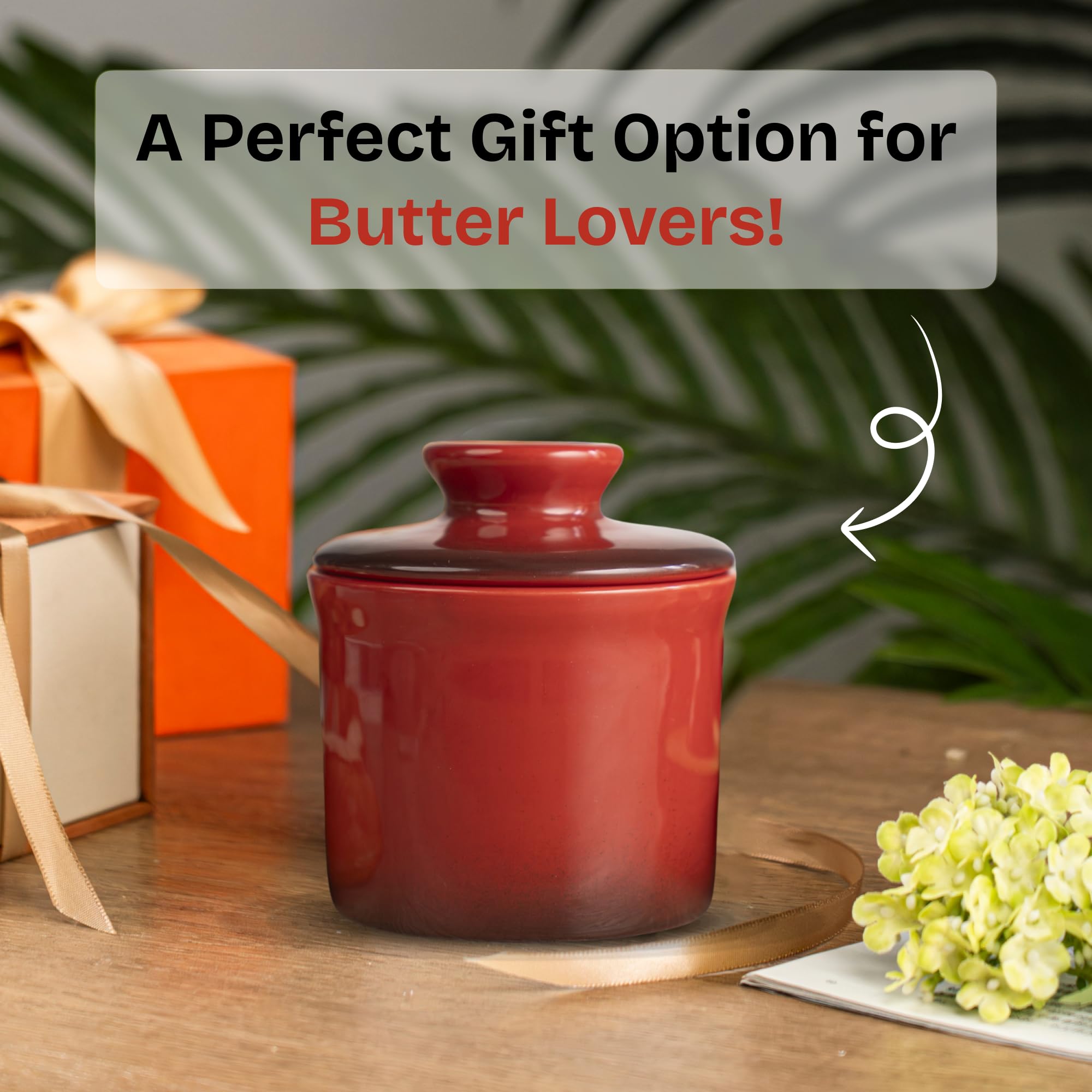 Teapeak red gradient butter crock enhances countertop aesthetics