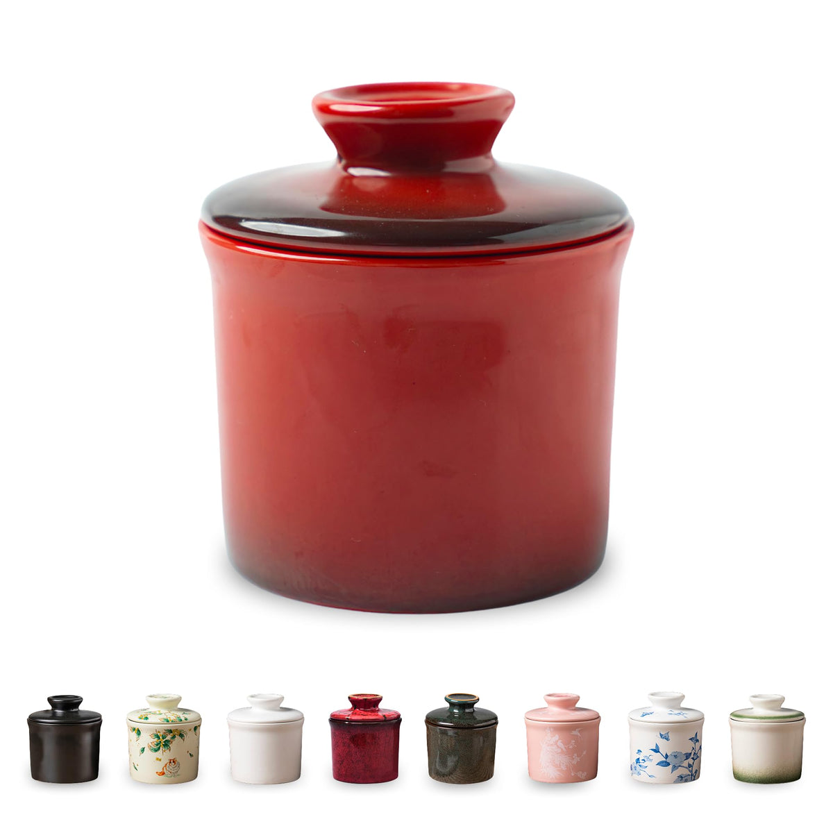 Teapeak butter crock with water line in red gradient keeps butter fresh on the counter