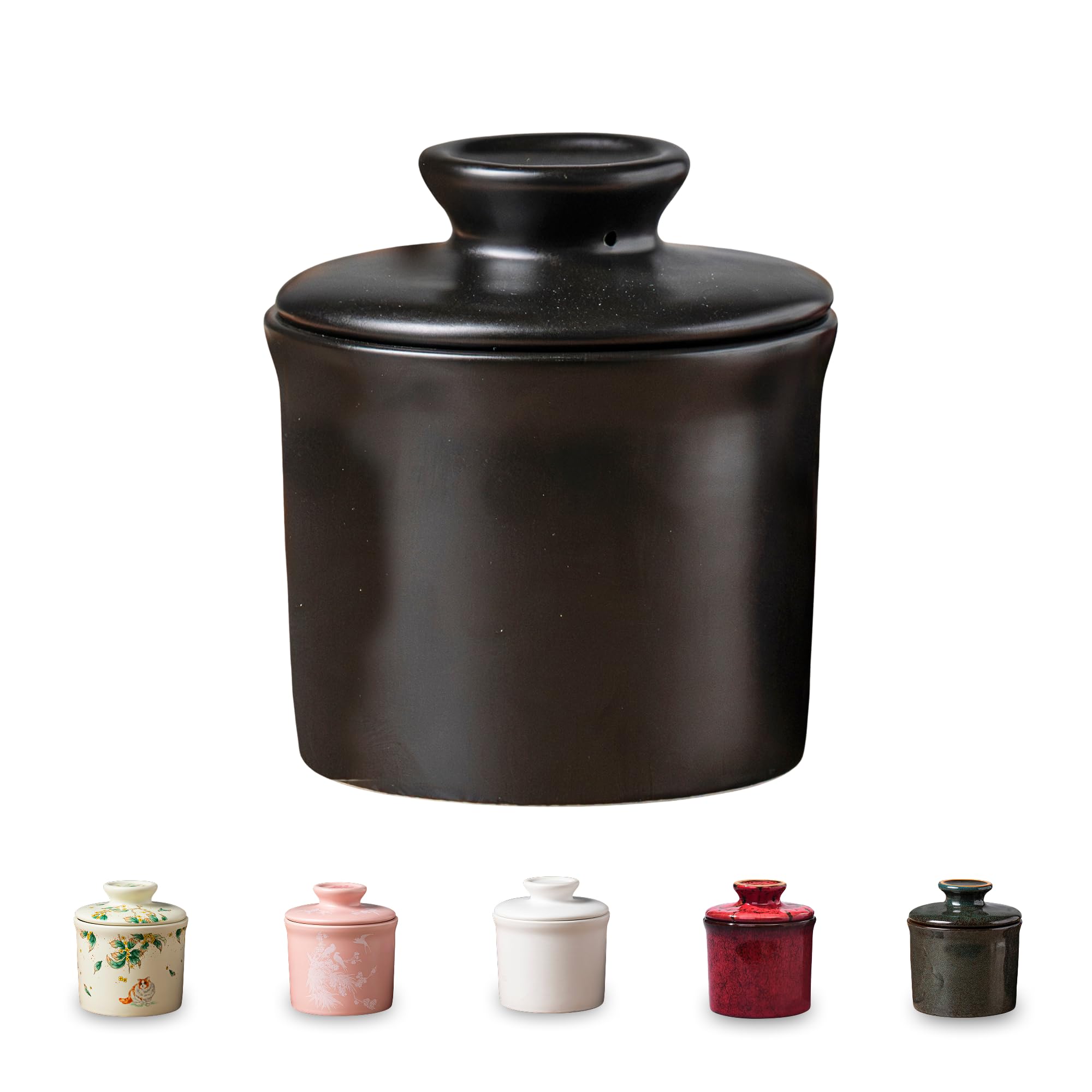 Teapeak porcelain butter crock with lid on countertop preserves freshness.
