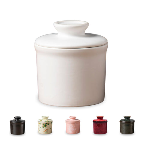 Teapeak porcelain butter crock on countertop keeps butter soft and ready to spread