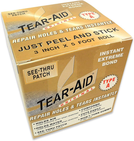 TEAR-AID Type A patch roll applied to canvas for durable repair.