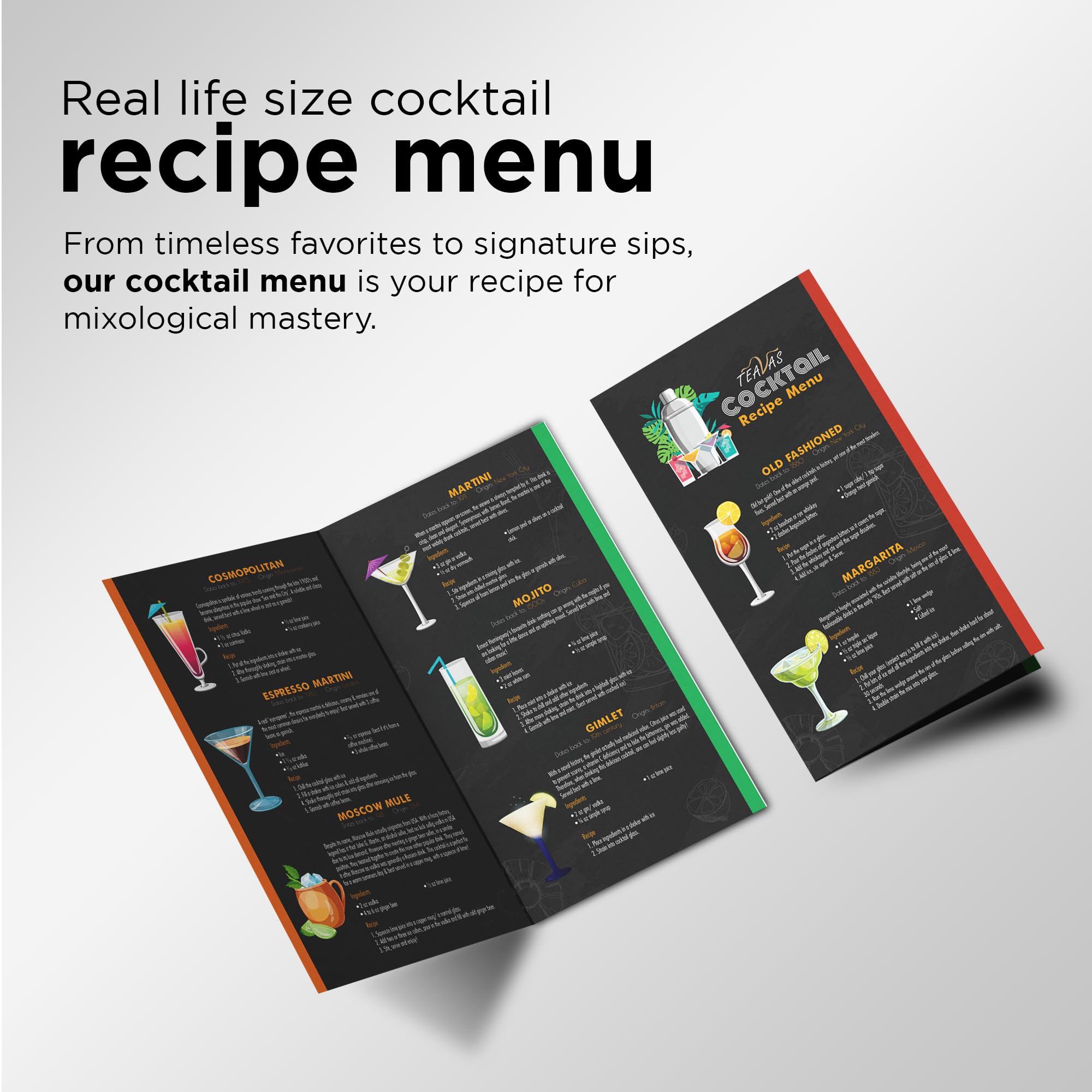 TEAVAS Mixology Bartender Kit recipe menu guides you through cocktails step by step