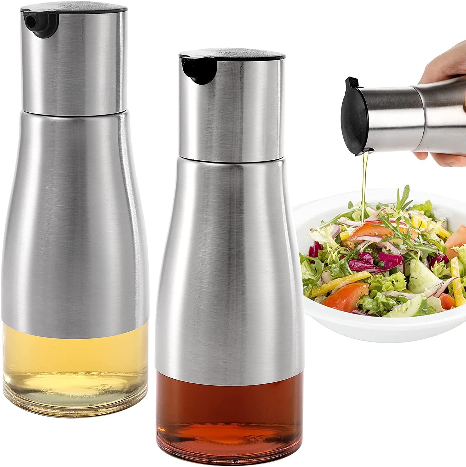 Tebery two-pack silver oil and vinegar dispenser set with drip-free pour for easy serving