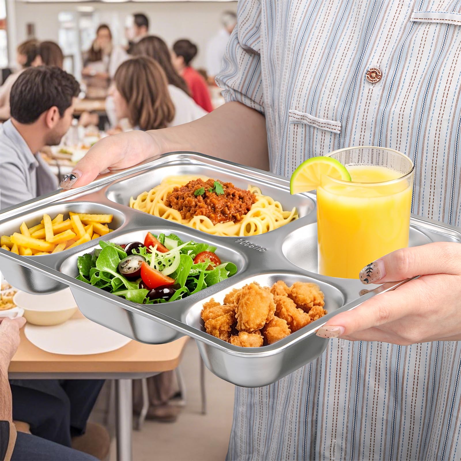 Tebery stackable divided plates save cabinet space.