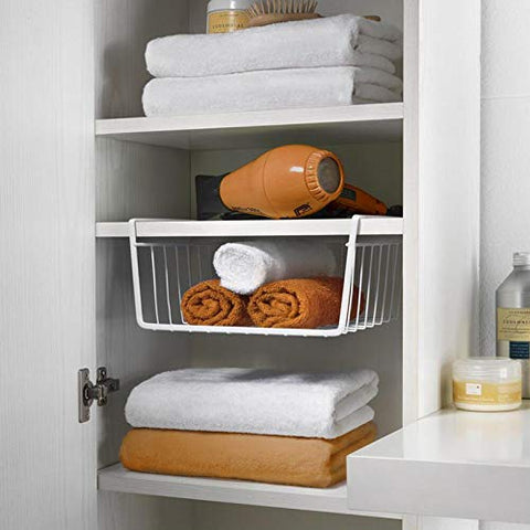Tebery under-cabinet storage basket in use beneath a desk.