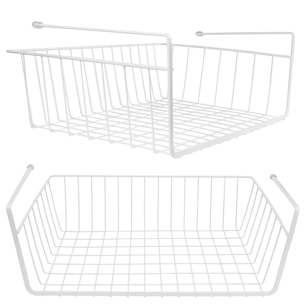 Tebery under-shelf basket white 2-pack on pantry shelf for tidy storage.