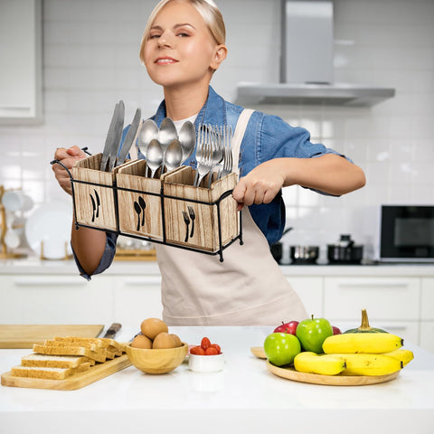 Tebery wooden caddy adds rustic charm as kitchen decor while storing cutlery.