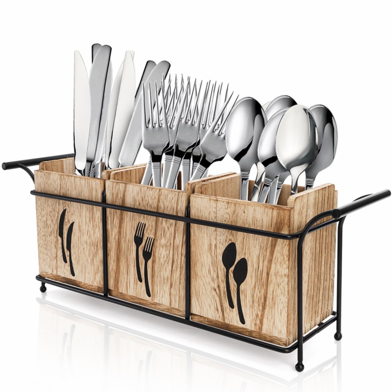 Tebery wooden utensil holder with three compartments keeps flatware organized and within reach.
