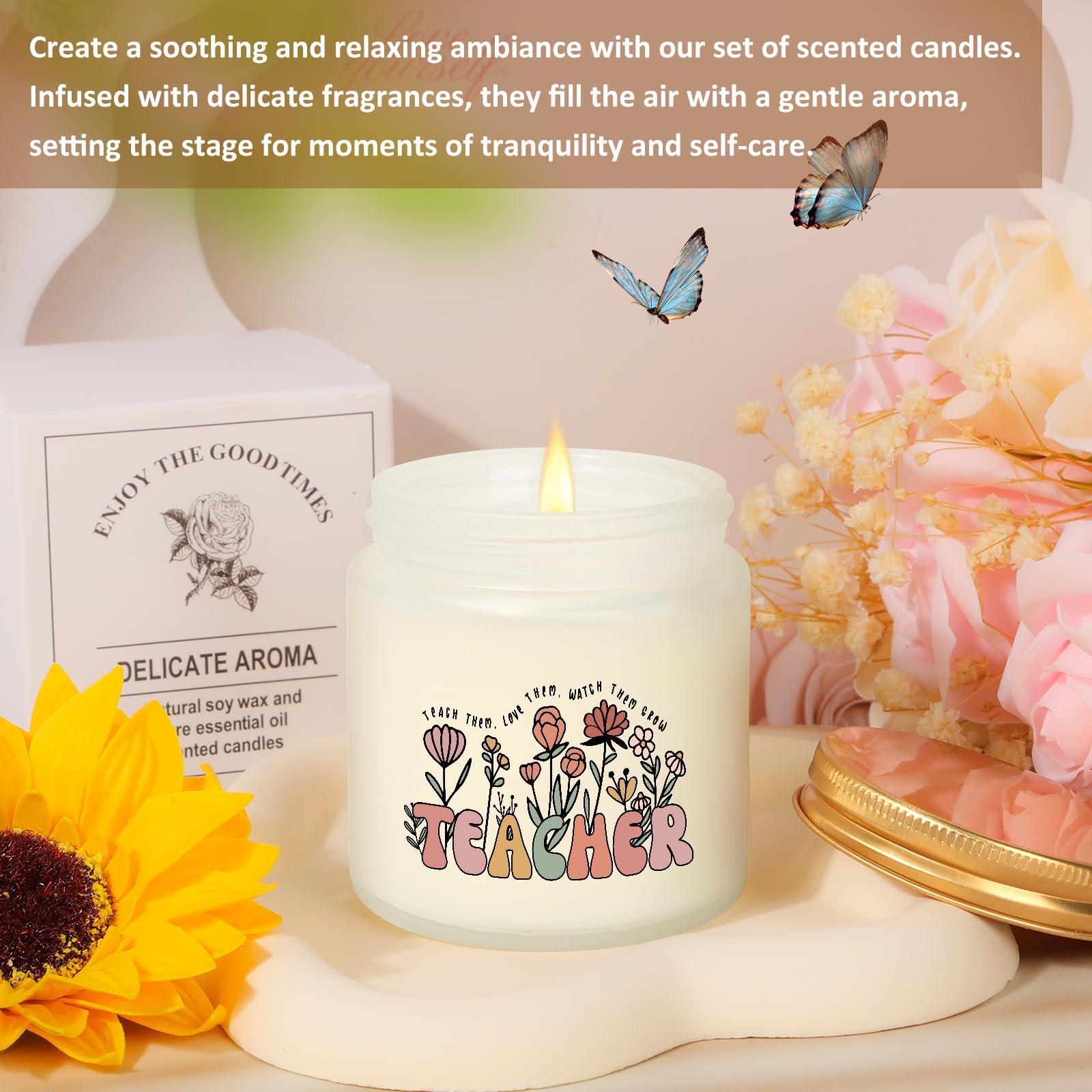 Tecanne scented candle in box, calming post-class moment
