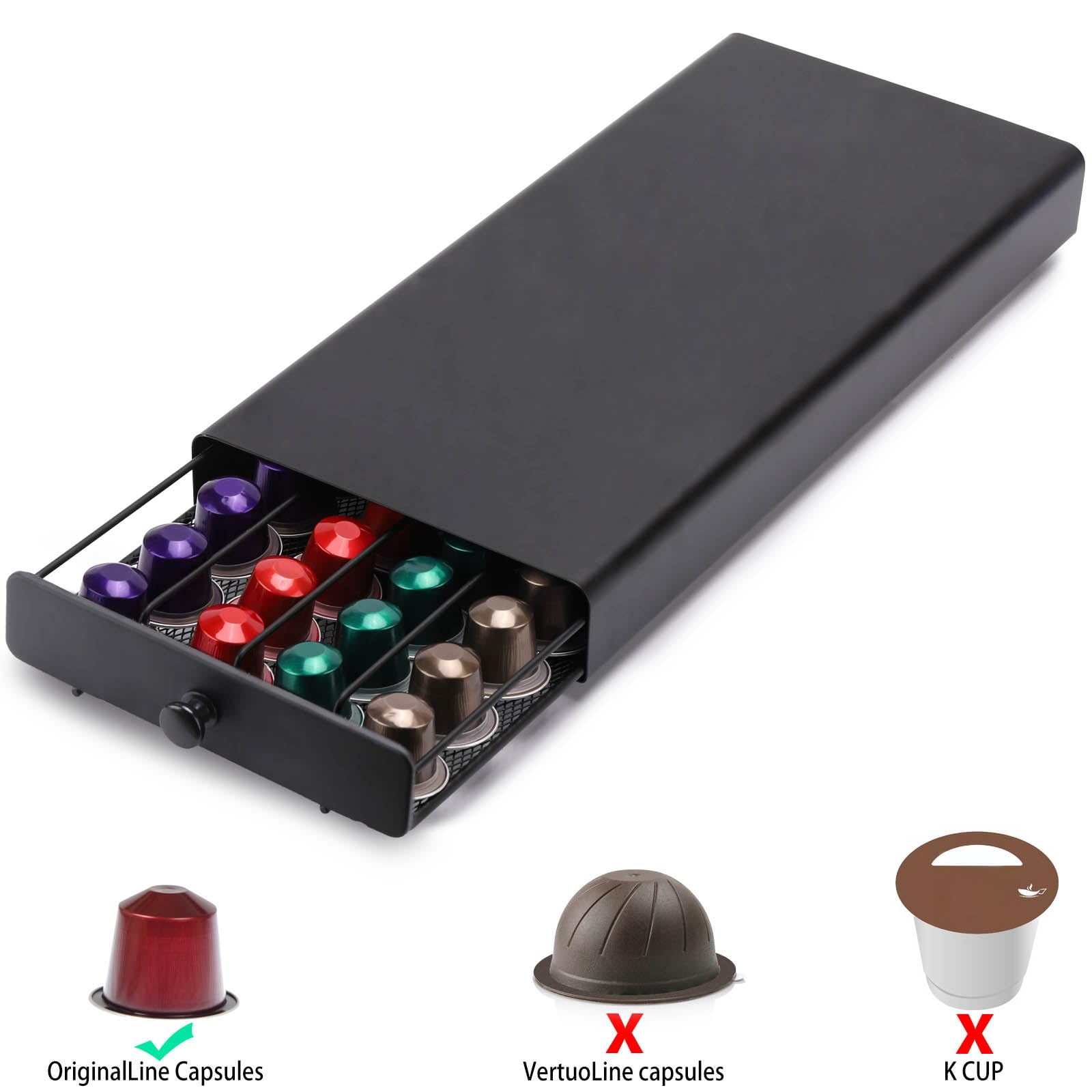 Tecbeauty coffee pod drawer open showing organized OriginalLine capsules