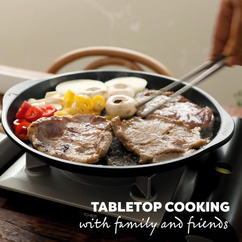 TECHEF pan highlights swirled channels that drain fat while preserving flavor.