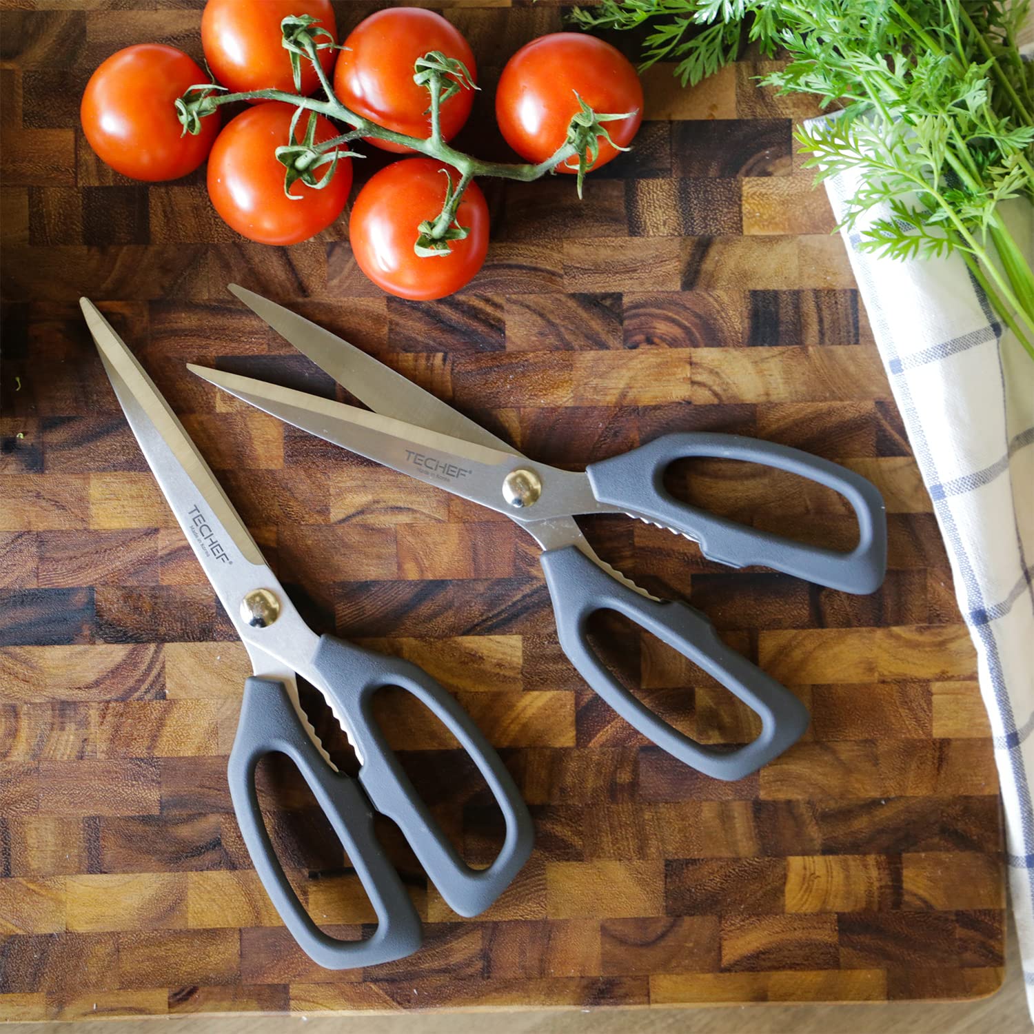 TECHEF kitchen shears in stainless steel, dishwasher safe for easy cleanup.