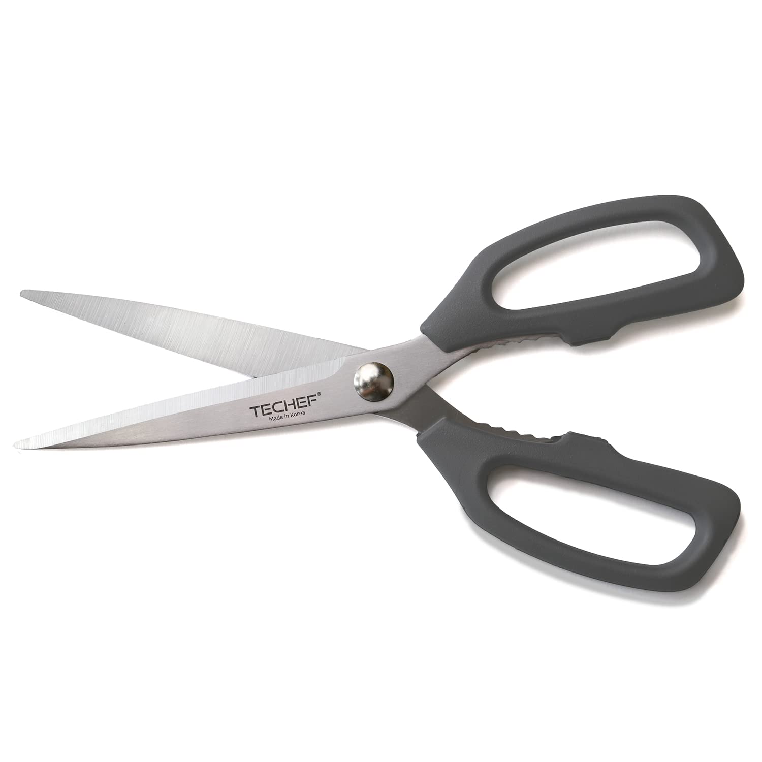 TECHEF kitchen shears with micro-serrated blade for slip-free poultry cutting.