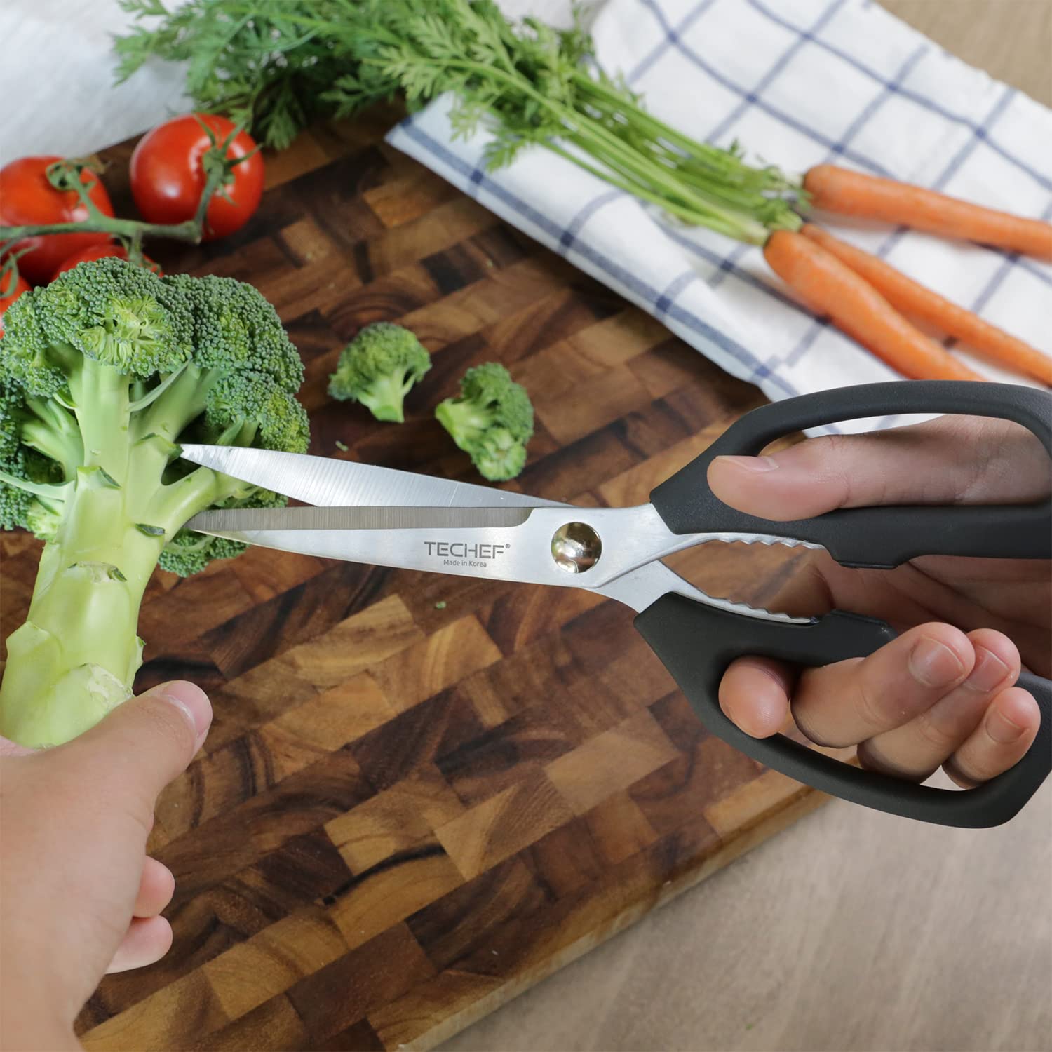 TECHEF kitchen shears with oversized cutting surface for faster tasks.