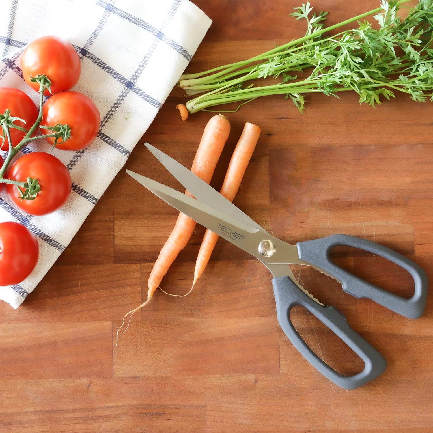 TECHEF kitchen shears with soft grip handles for reduced hand fatigue.