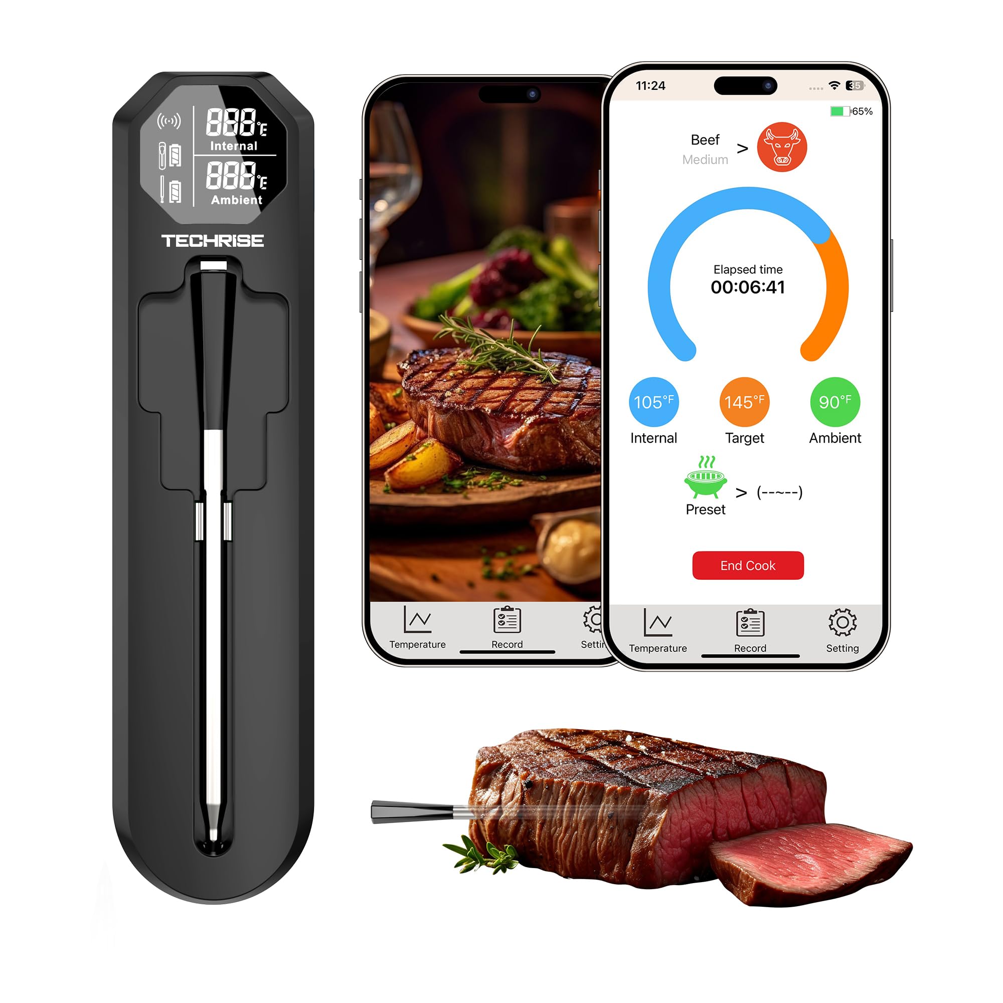 TechRise thermometer paired with smartphone app for real-time monitoring.