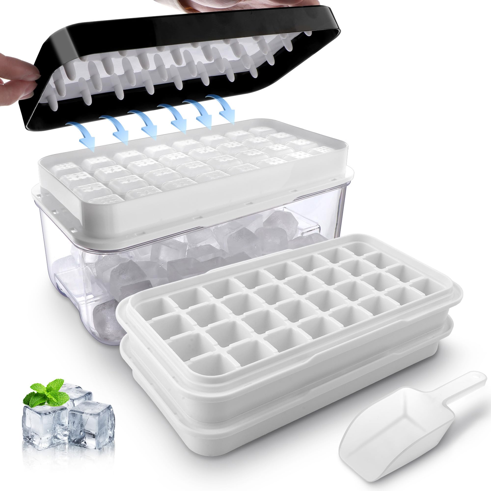 TECHSHARE ice trays with lid and bin for organized freezing.