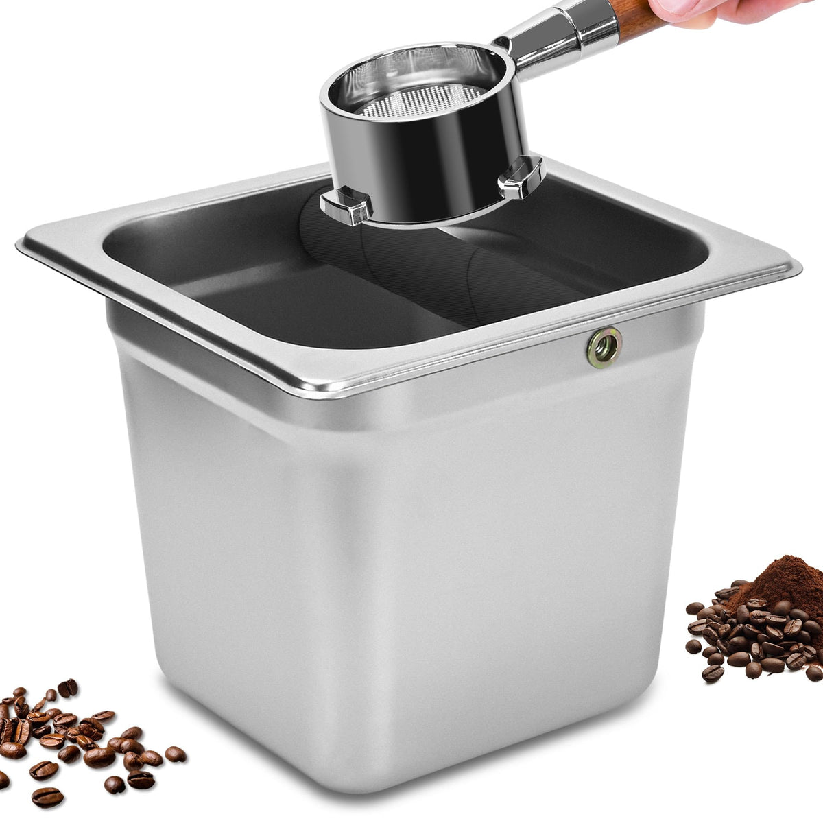 TechShare stainless steel coffee knock box, square design, ideal for quiet home or cafe use.