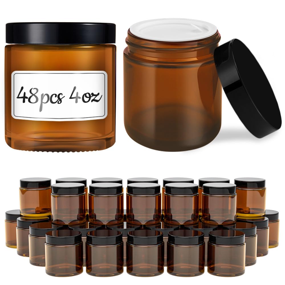 Tecohouse 4 oz amber glass jar with lid, 48-pack, UV protection for creams