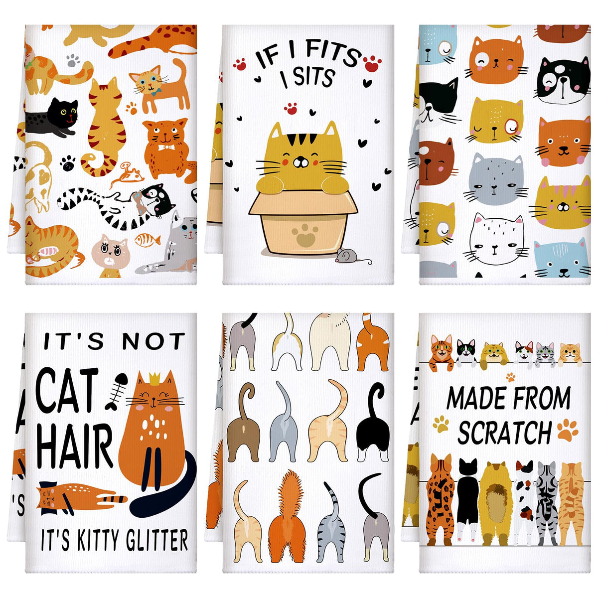 TecUnite cat kitchen towels 6-pack for quick drying and versatile kitchen tasks