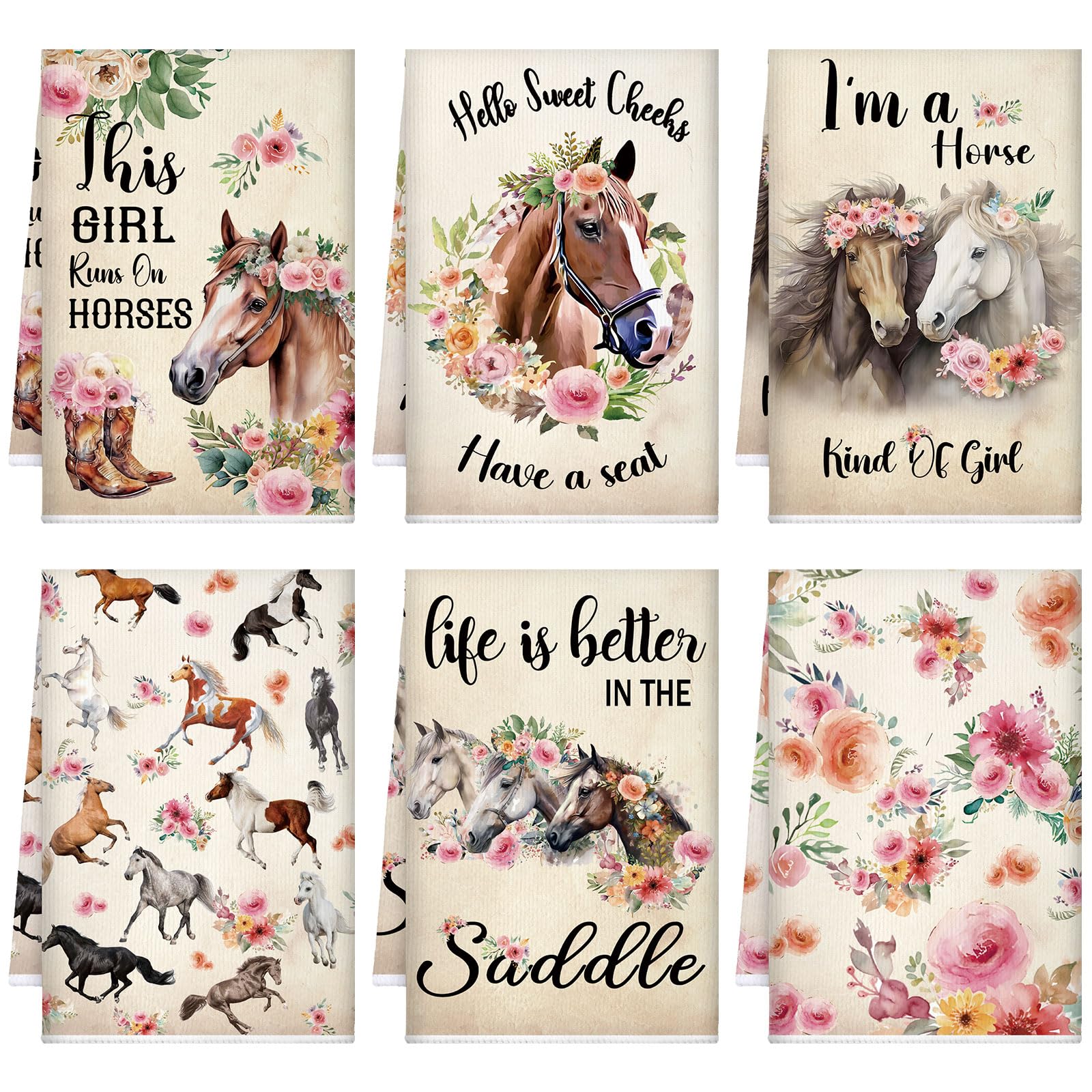 TecUnite horse kitchen towel with floral design; absorbent and quick-drying.