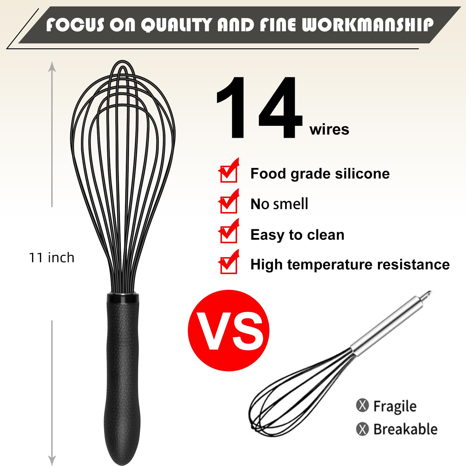 TEEVEA 11-inch silicone whisk handle closeup showing ergonomic grip.